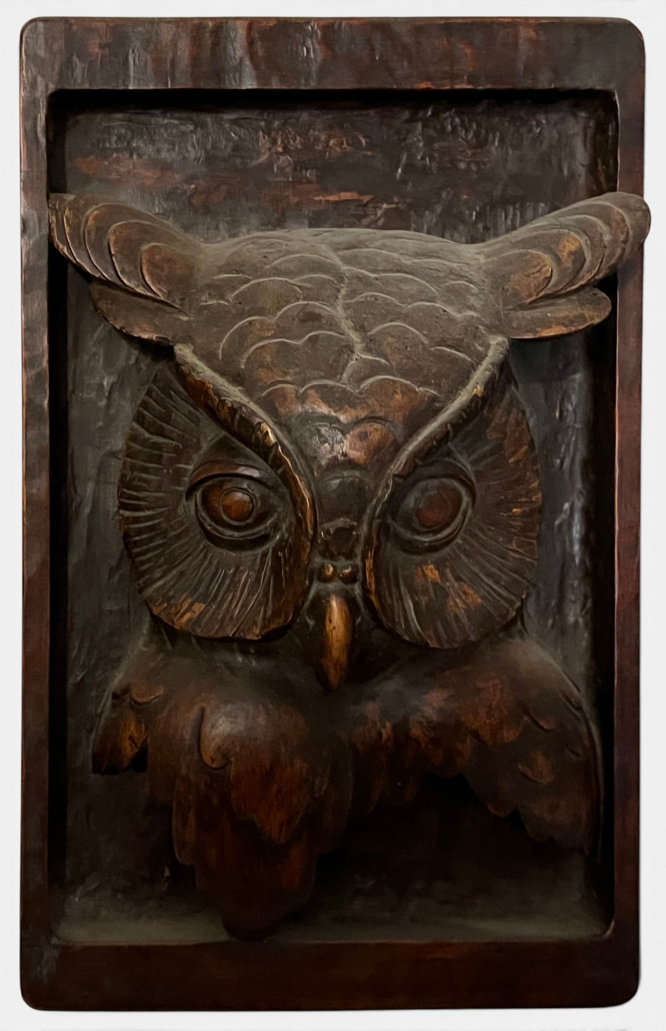 Black Forest Owl relief in wood, 20th century: 31 x 20 cm