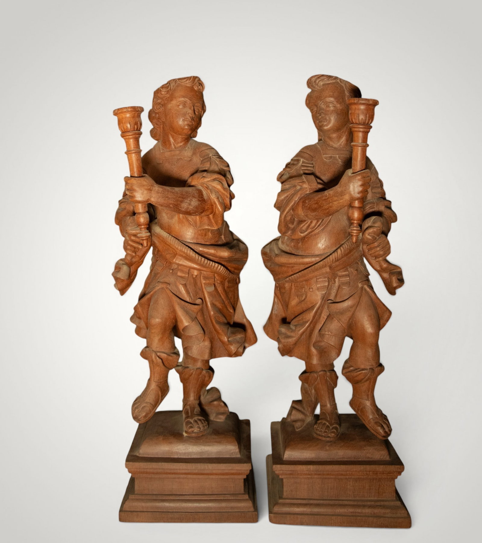 Beautiful Large Pair of Teak or Cedar Torch Holders, 19th-20th Century: Measurements each: 70 high x 21 x 18 cm
