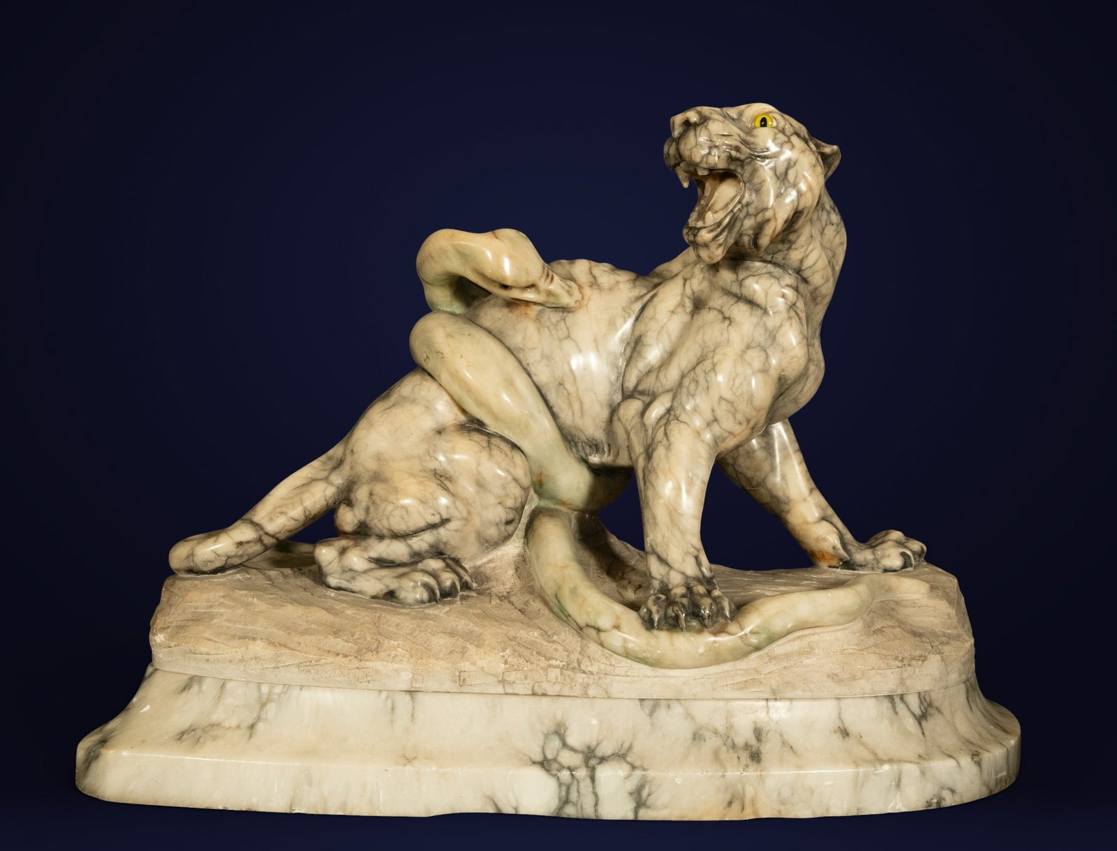 ACCORDING TO ANTON LOUIS BARYE – TIGER AND SNAKE IN ALABASTER, 19TH CENTURY (1 of 7)
