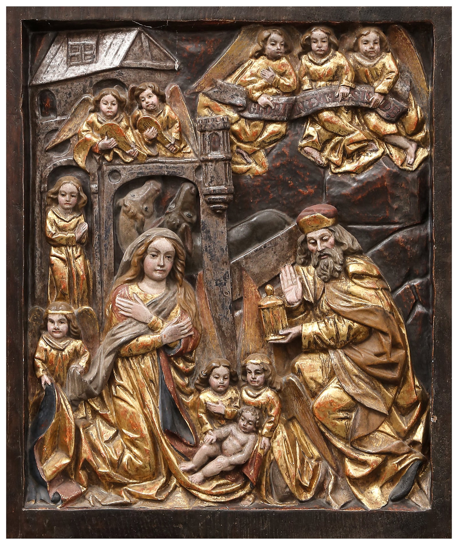 LARGE RELIEF IN WOOD, ACCORDING TO HISPANIC-FLEMISH GOTHIC MODELS: In gilded, sgraffito and polychrome wood, carved in bas-relief. Measurements: 58 x 48 cm. Property of an important private collection, Barcelona.