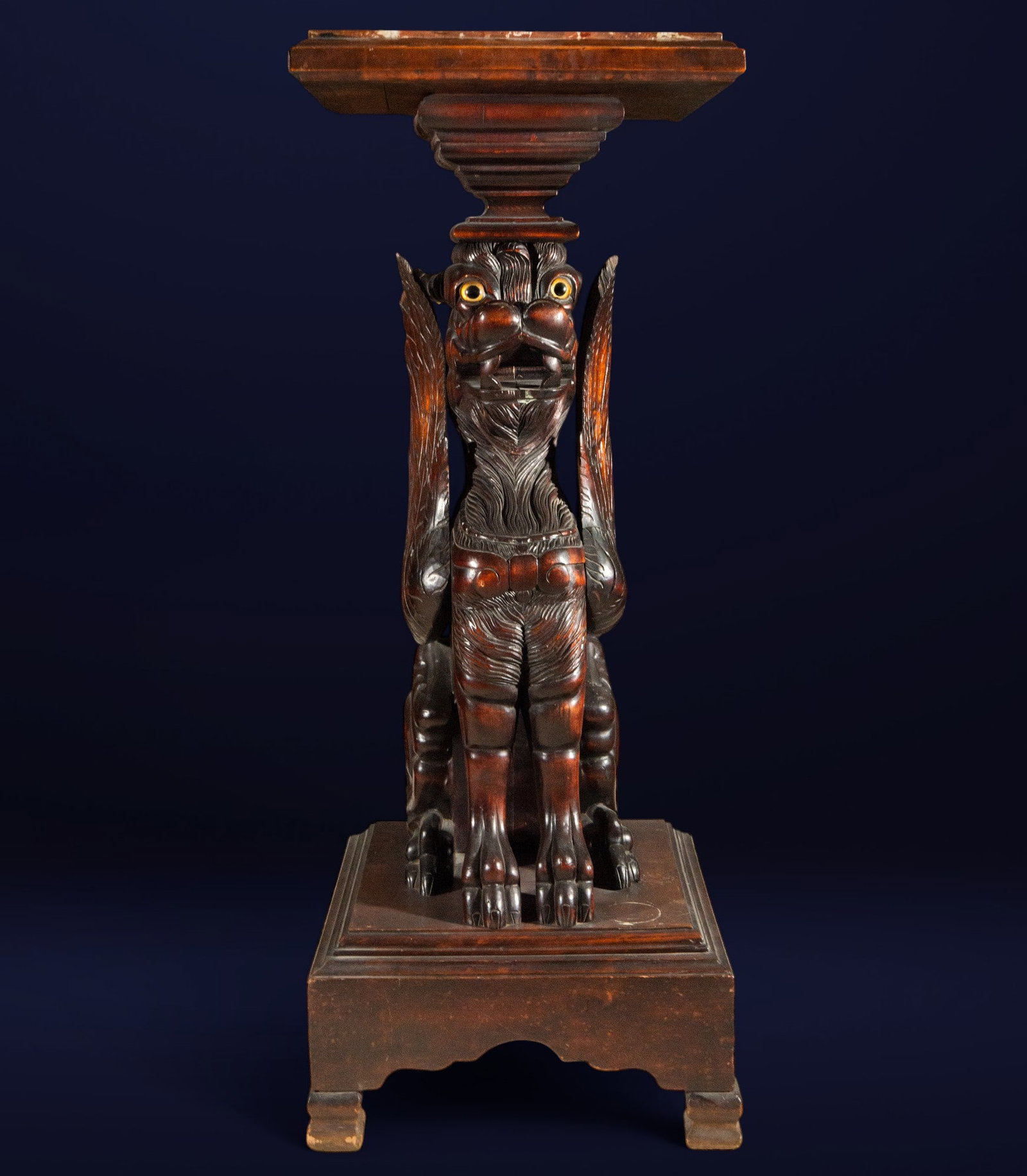 Wooden pedestal with a winged lion figure. Oriental School, 19th century (1 of 6)