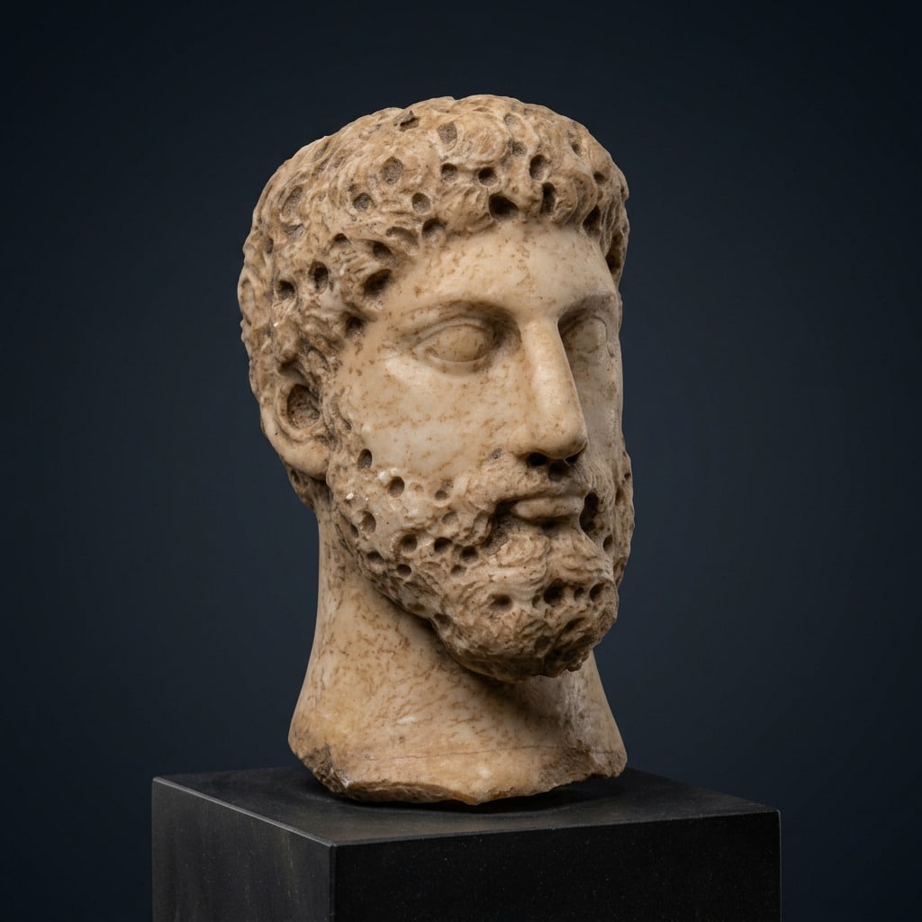 Head of the Roman Emperor Hadrian: Carved marble. Dimensions: 20 × 10 × 14 cm. This sculpture represents the head of a bearded Roman emperor, created following the models of imperial portraiture from Classical Antiquity. Th
