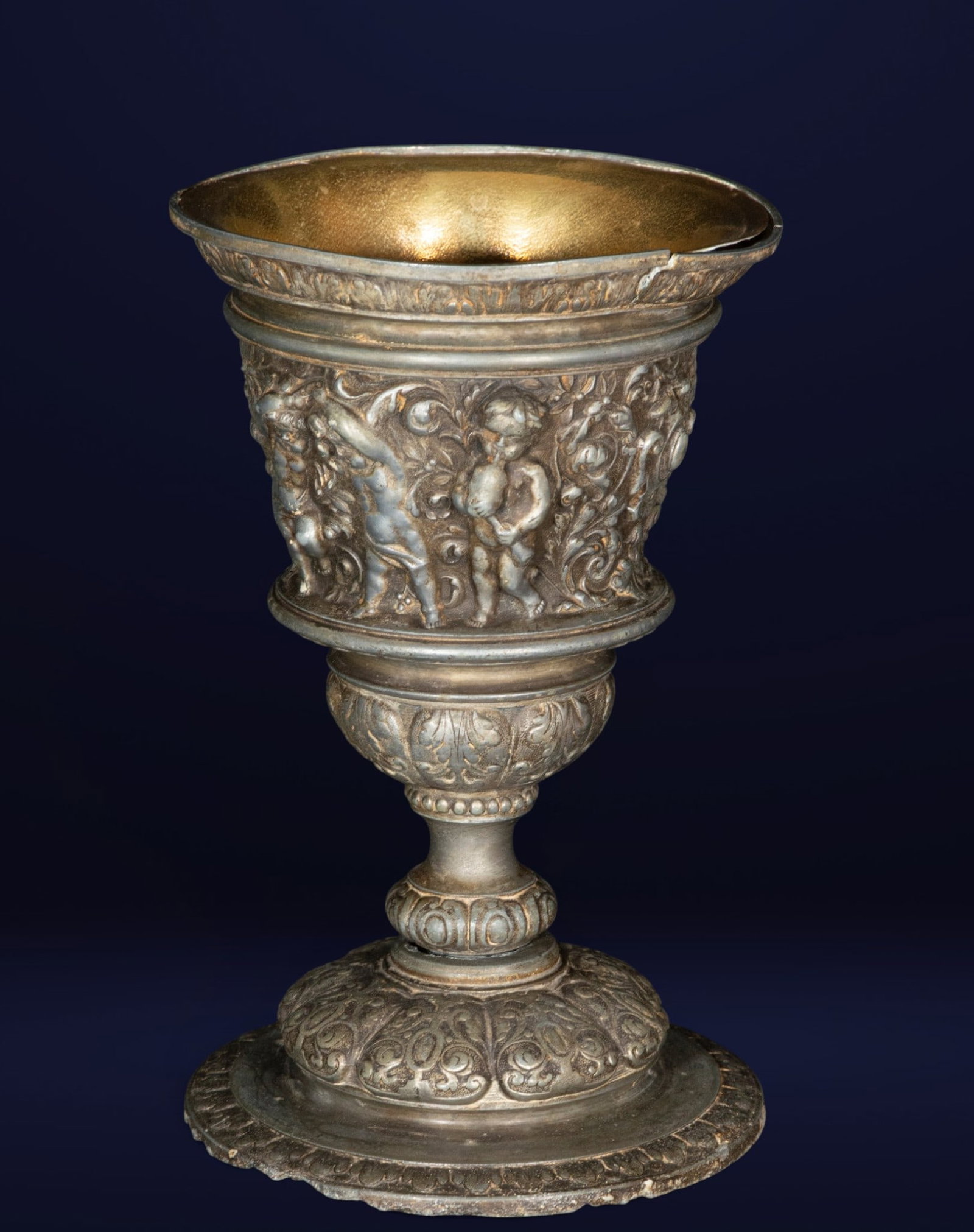 Ornamental chalice decorated with putti and scrolls. Historicist Renaissance style. 19th century (1 of 4)