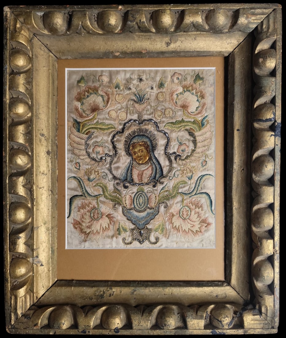 17th Century Convent Embroidery - Mexican Work: Embroidered in silk and gold thread. 22.5 x 19 cm. Framed dimensions: 36 x 30 cm