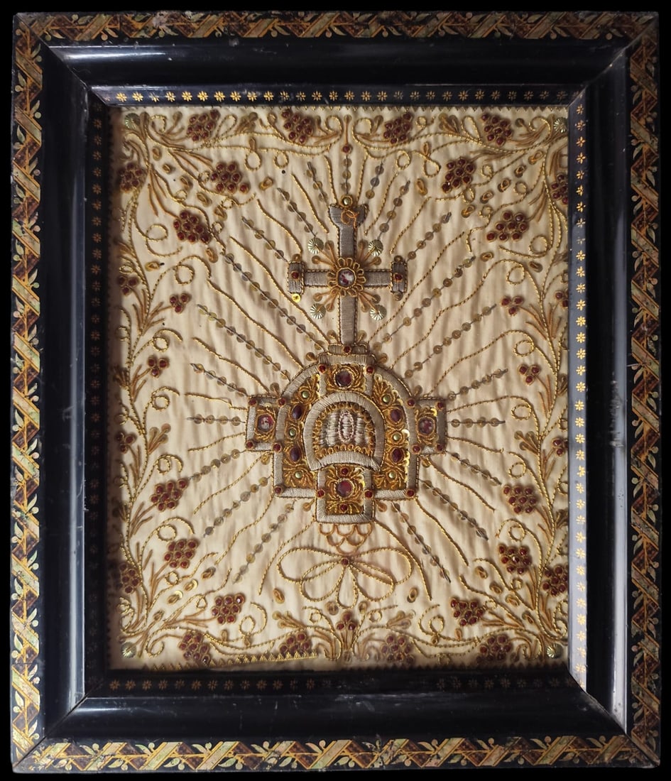 17th Century Convent Embroidery - Mexican Work: 30x26cm, framed
