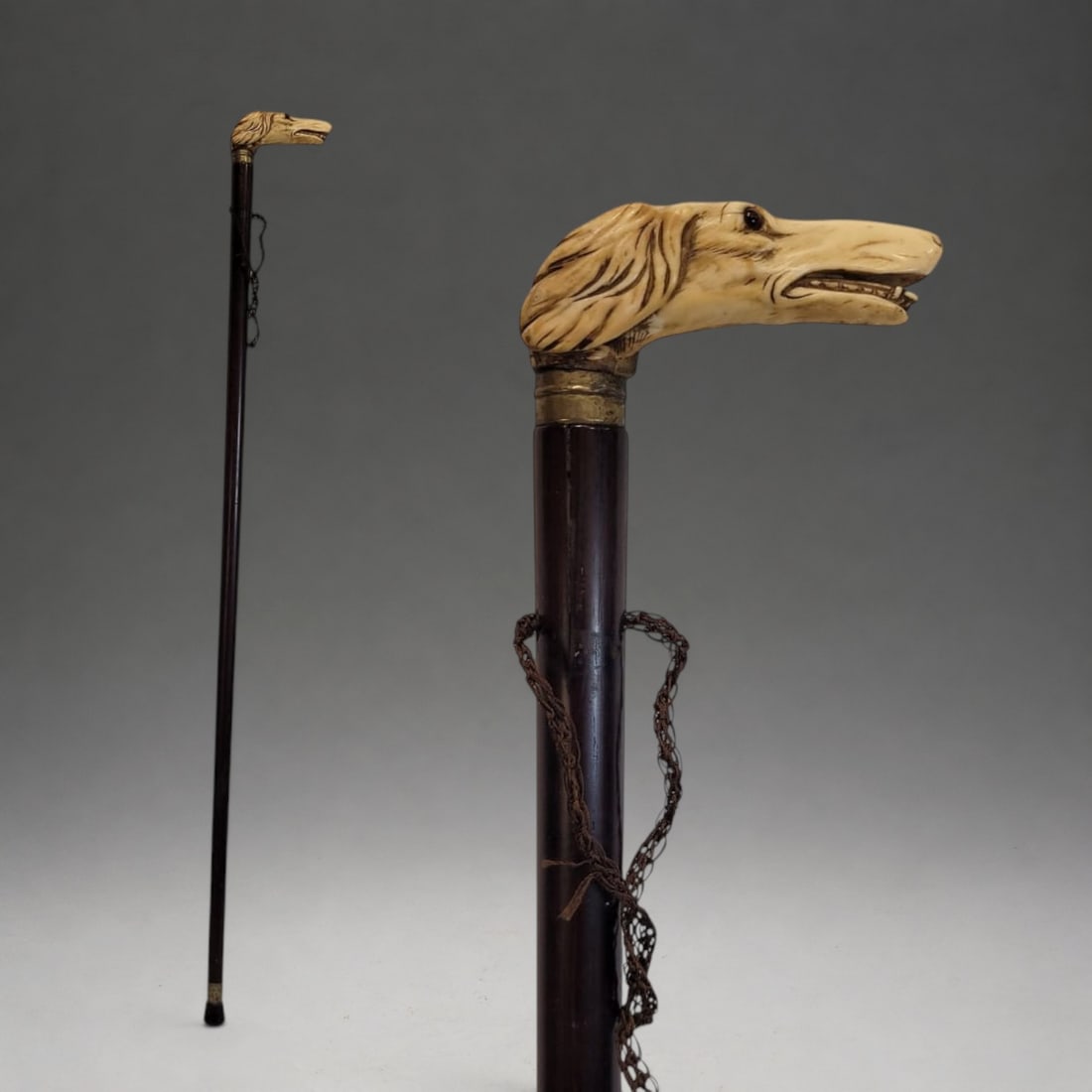 Walking stick with canine bust handle, deer antler and wood, 1940s – France (1 of 2)
