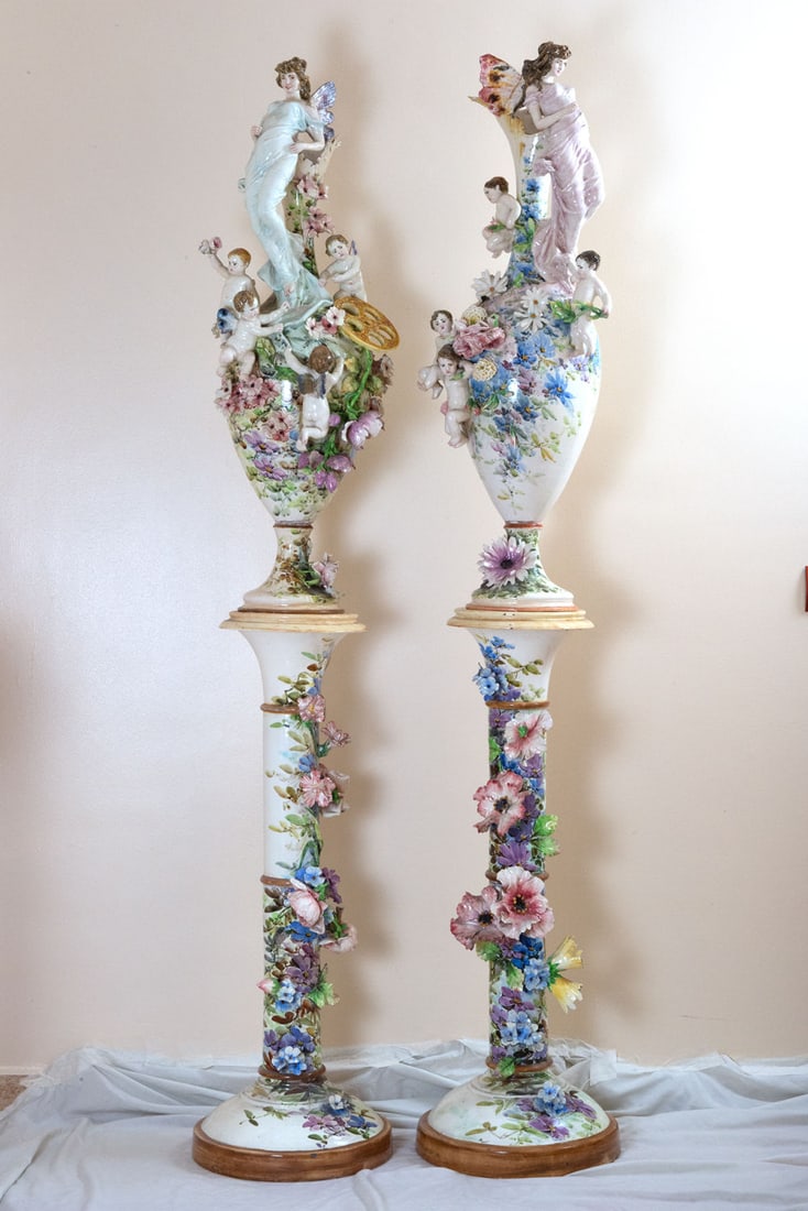 Pair of Large Vases with a Base of Polychrome Italian Majolica, 19th Century (1 of 10)