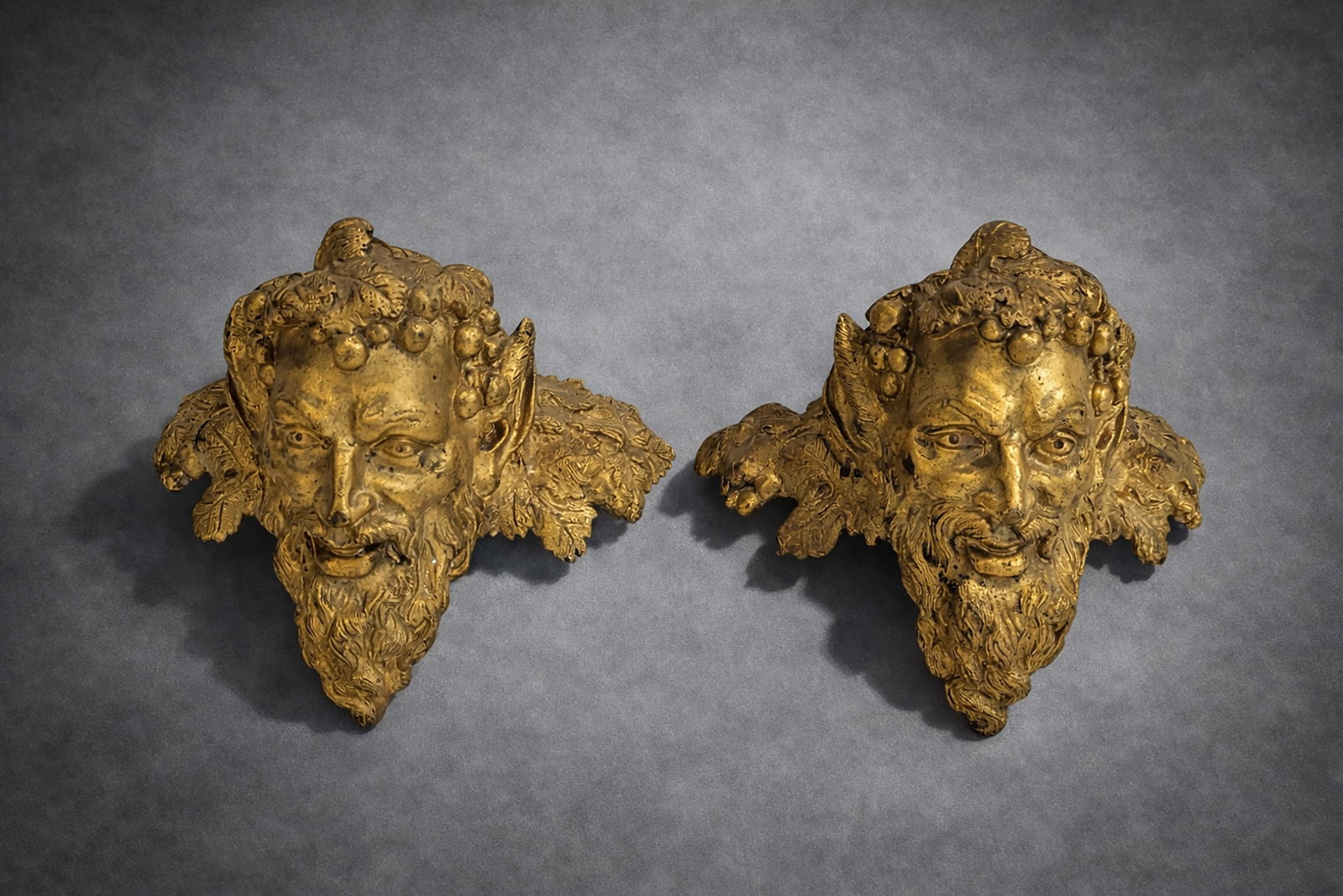 PAIR OF “SATYRE?? MASKS, GILDED BRONZE, LOUIS XVI, CIRCA 1790 – FRANCE (1 of 2)