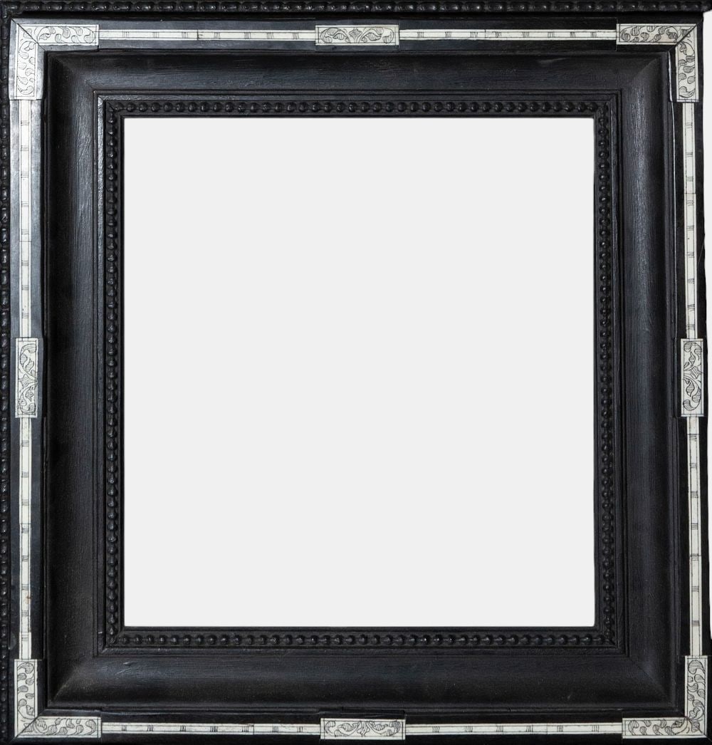 Flemish bone frame, Netherlands, 18th-19th centuries: Wood and engraved bone inlays. Light 35 x 30 cm; total dimensions 49 x 44 cm.