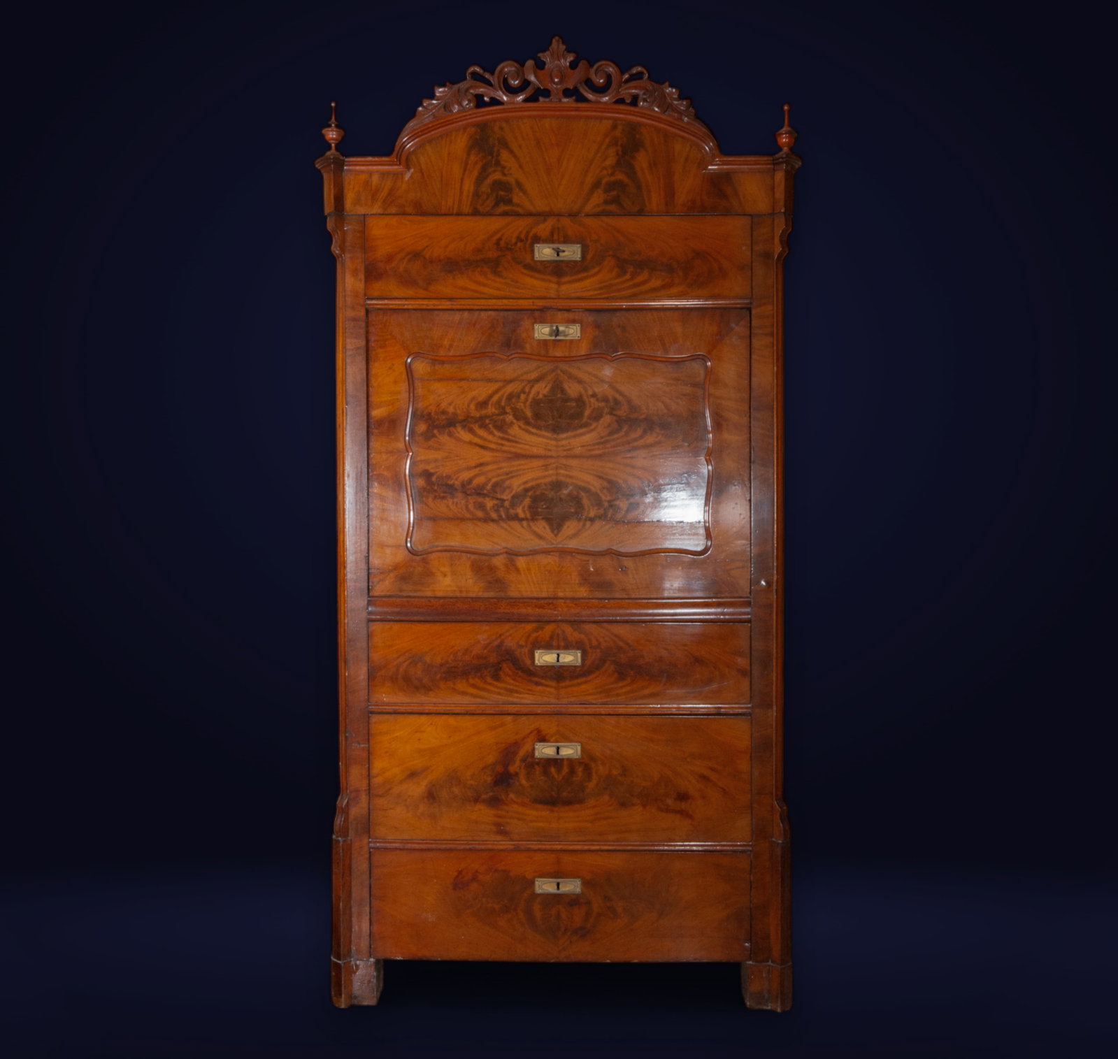 Secretaire "a abattant" in mahogany and mahogany palm wood, with bronze keyholes, France, 19th (1 of 5)