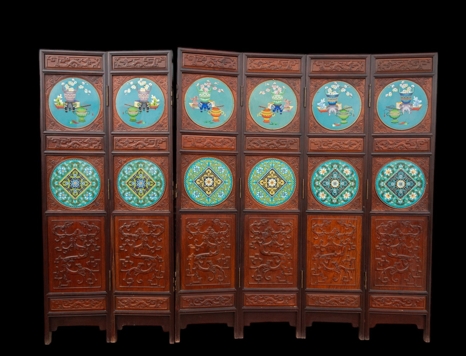 Oriental style screen in mahogany wood and cloisonné enamel plates, France, 19th century (1 of 7)
