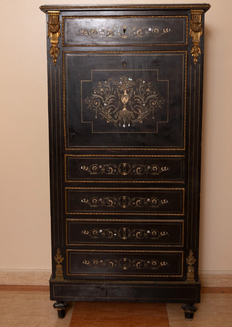 Distinguished Louis XV style Entredos furniture with desk in ebonized wood and mercury gilt bronze (1 of 2)