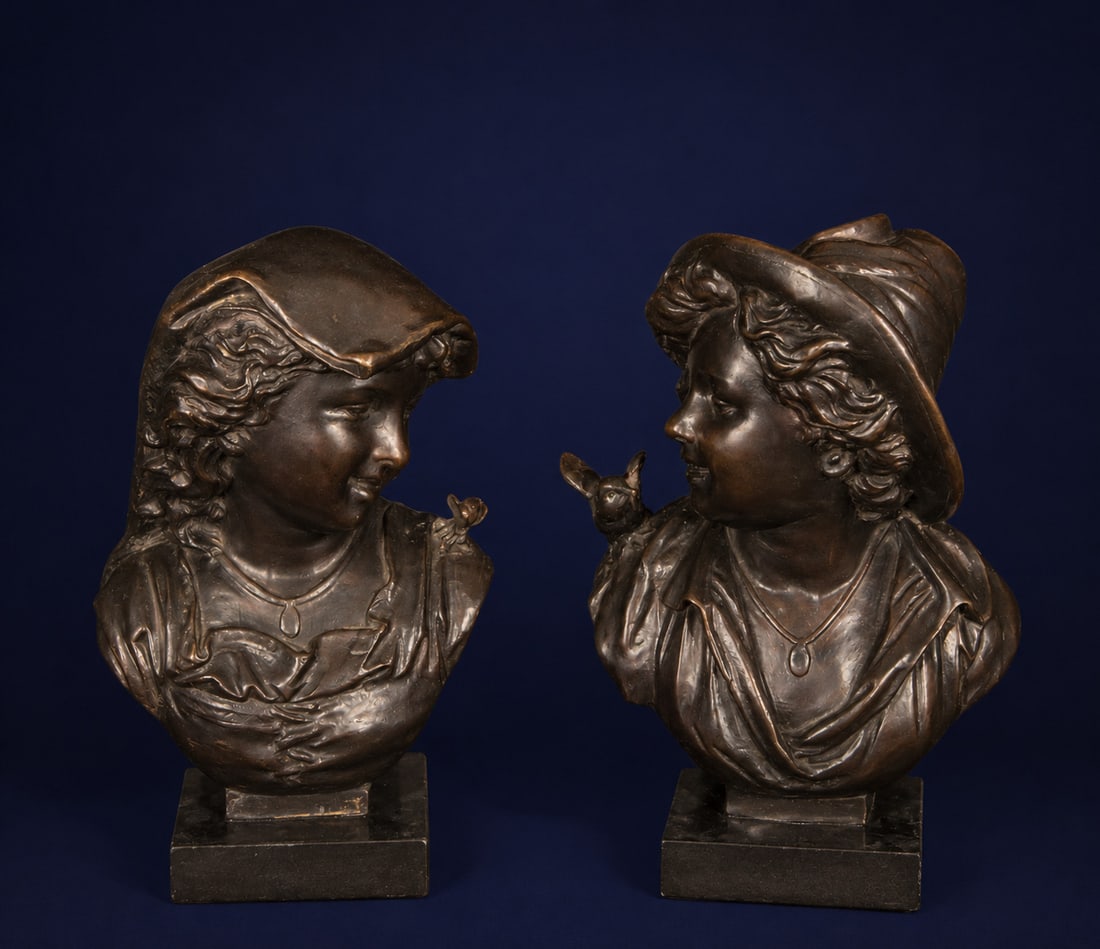 Pair of busts of shepherd boys - European School. 19th century: Patinated bronze. Measures 36 x 22 x 17 cm. Pair of sculptures in the form of facing child busts, each accompanied by small birds perched on their shoulders. The figures display delicate modeling and 