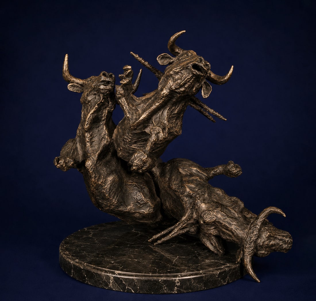 Sculptural group of bulls. Contemporary school. 20th century: Patinated bronze. Measures 33 x 29 x 31 cm. A dynamic sculptural group featuring several bulls intertwined in a powerfully expressive composition. The modeling emphasizes the movement and tension of t