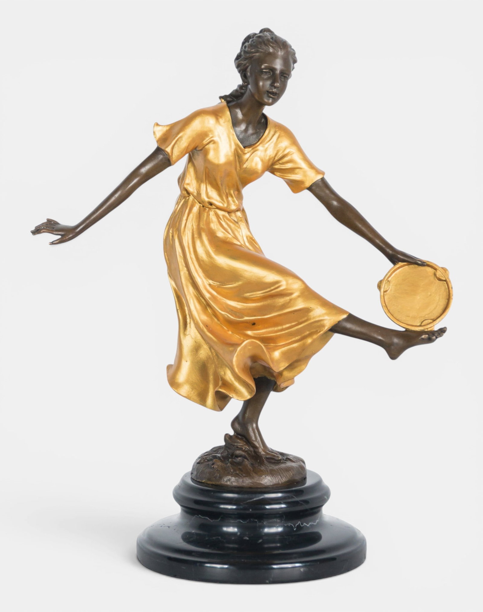 20th Century European School - Dancer with tambourine.: Made of bronze and gilt bronze on a marble base. Signed Nick. Dimensions: 30.5 x 23 x 14 cm