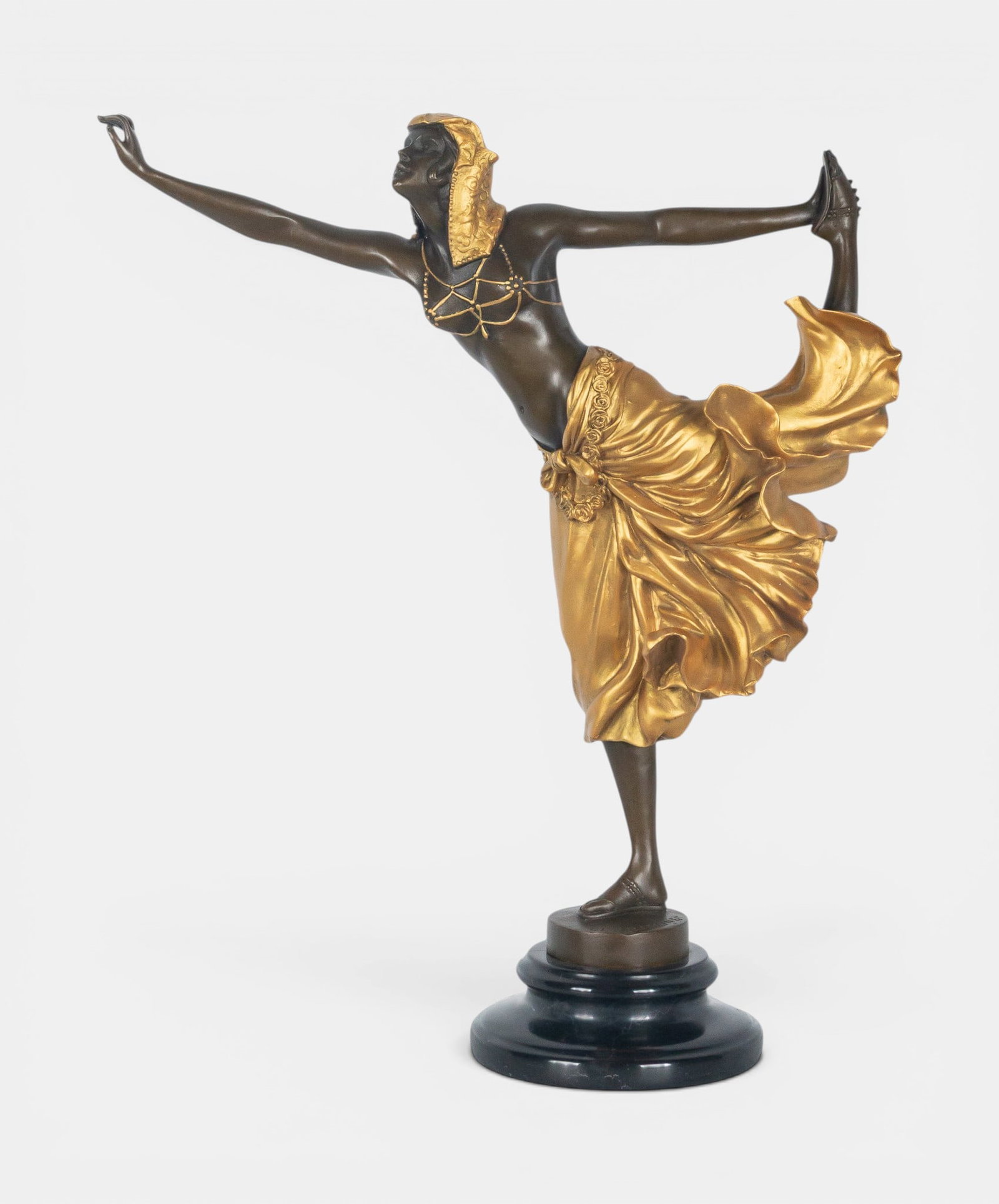 Based on a model by Claire Jeanne Roberte Colinet (1880-1950): Measurements: 47× 43 × 20 cm. Figure made of bronze and gilt bronze on a marble base. Signed.