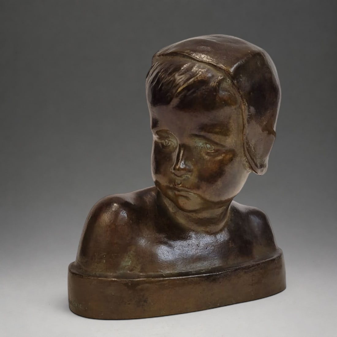“BOY?? BUST, PATINATED BRONZE, MARIE-ANNE CRANNEY-FRANCESCHI, PS XX – FRANCE: Title: Bust of a Child. Material: Patinated bronze. Artist: Marie-Anne Crannrey Franceschi. Foundry: Susse Frères Editeurs, Paris. Period: Early 20th century. Good condition for its age and use. Coun