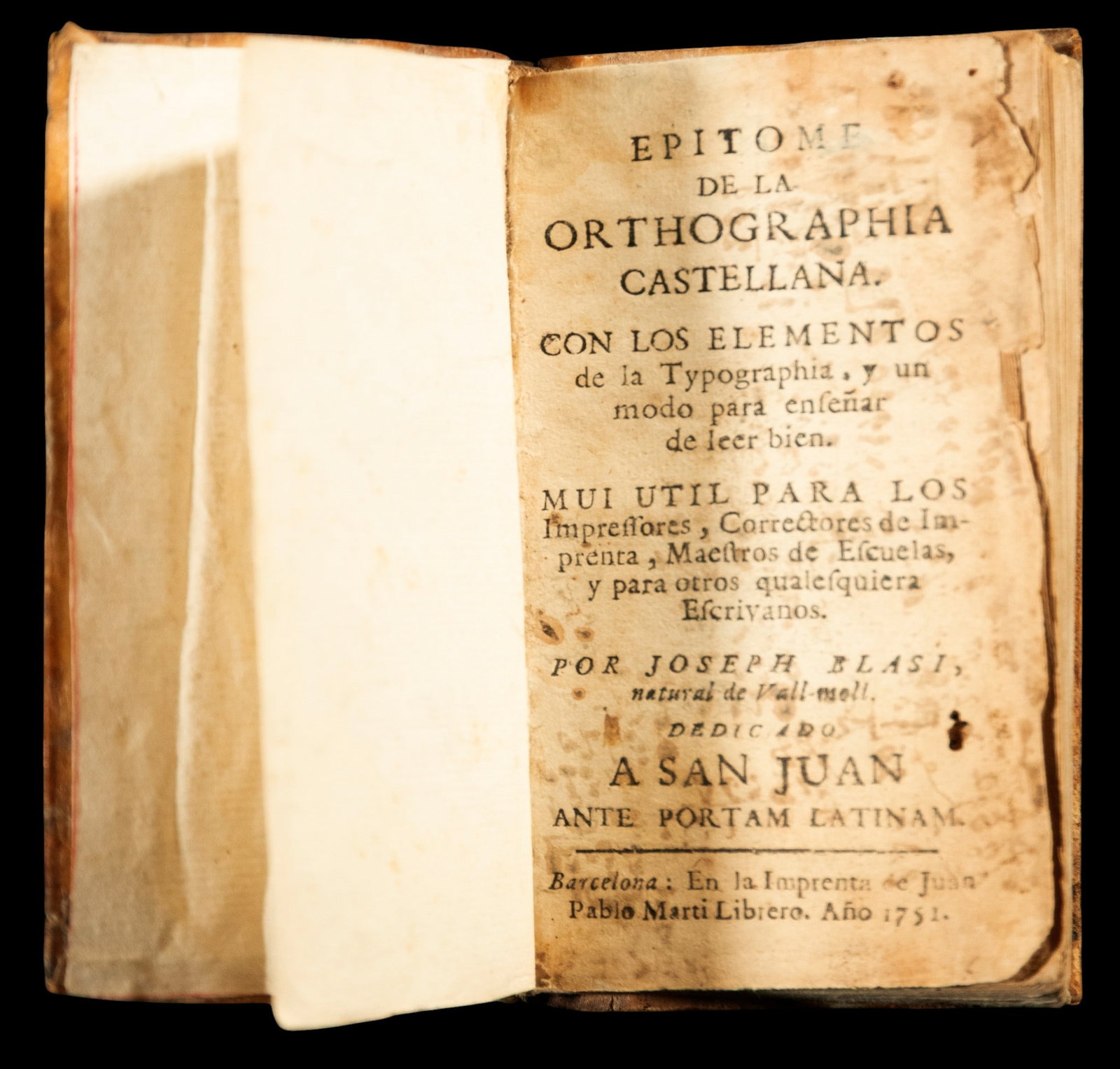 BOOK OF CASTILIAN ORTHOGRAPHY 1751: LEATHER COVER – 14 X 8 CM