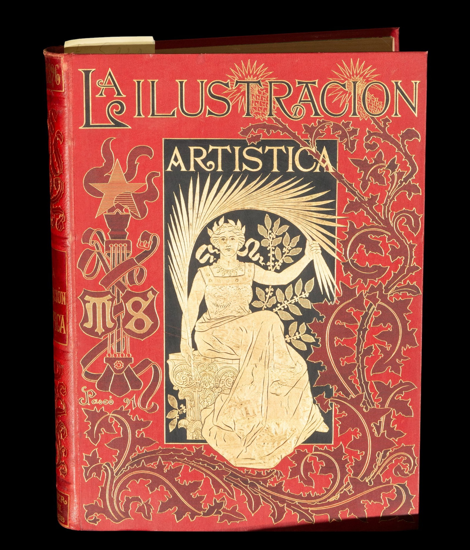 The illustration of 1826. Nineteenth-century publishing school. 19th century: Hardcover book with gold foil stamping on a red background. The cover is decorated with an idealized, seated female figure dressed in a long tunic, flanked by palm fronds and plant branches, creating 