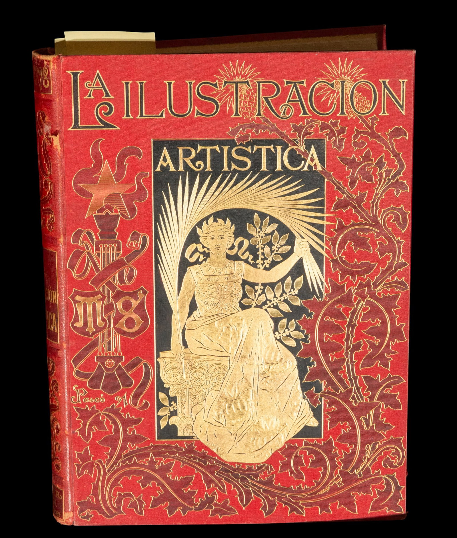 The illustration of 1928. Nineteenth-century publishing school. 20th century: Hardcover book with gold foil stamping on a red background. The cover retains the series' characteristic allegorical design, featuring a central female figure seated in a majestic pose, dressed in a c