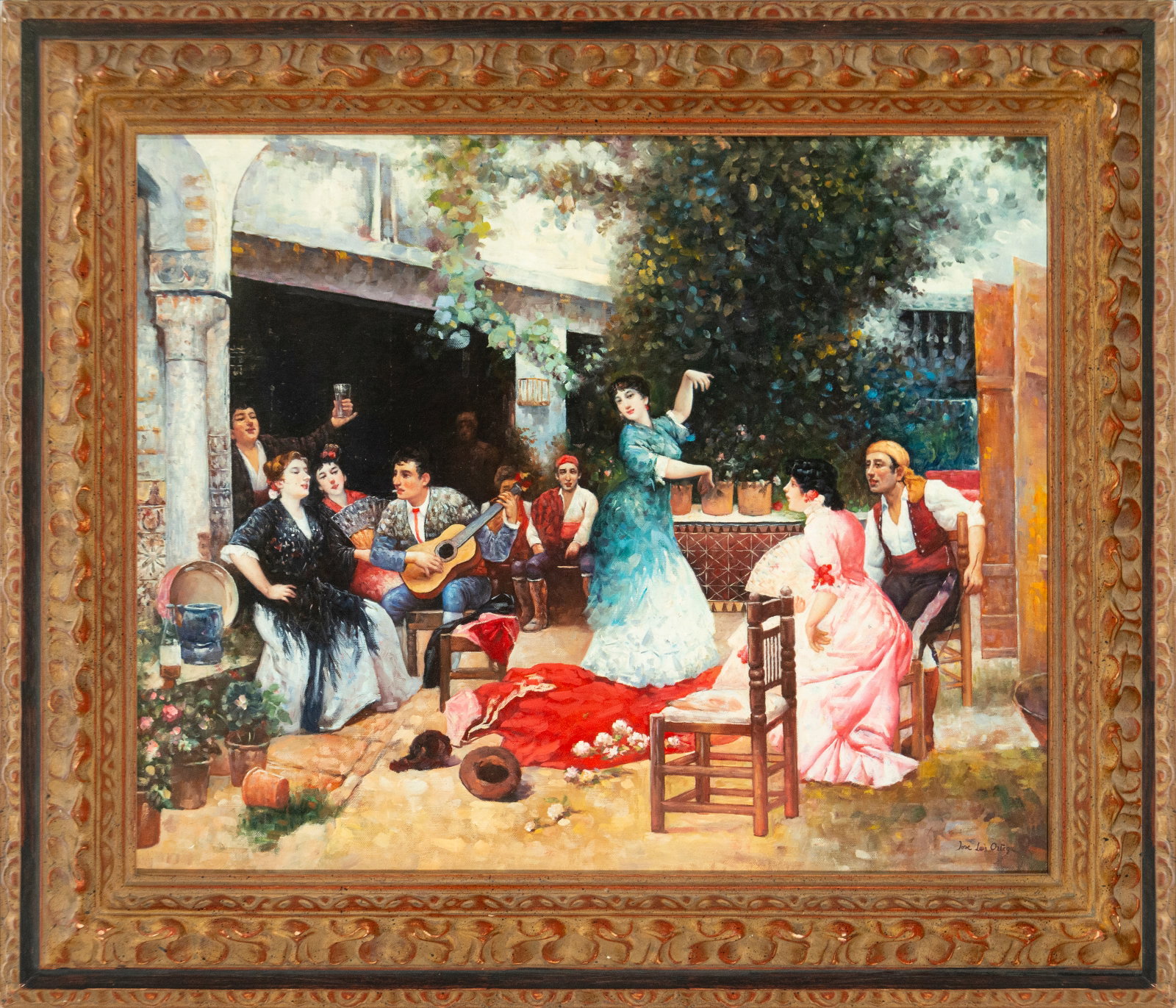 Flamenco Party. Signed José Luis Ortega, Spanish School, 20th Century: Oil on canvas. Dimensions: 61 x 49 cm; 78 x 67 cm. A genre scene from Andalusia depicts a group of musicians, a flamenco dancer, and other figures gathered in a traditional courtyard decorated with fl