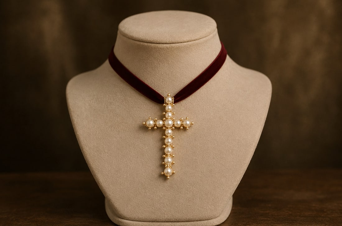 Large vintage cross pendant. 18K gold. 3.0 g.: 18K gold and cultured pearls. Measures 3.6 x 2.2 cm. Pendant cross with sixteen white cultured pearls mounted on a 18K yellow gold setting with a concealed back pin. Elegant vintage design.