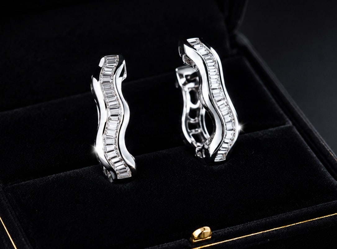 White gold earrings with baguette diamonds. 18K gold. 3.0 g.: 18K white gold and diamonds. Hoop earrings with forty-eight baguette-cut diamonds totaling approximately 0.45 ct, invisible setting and secure closure. Hallmarked 750.