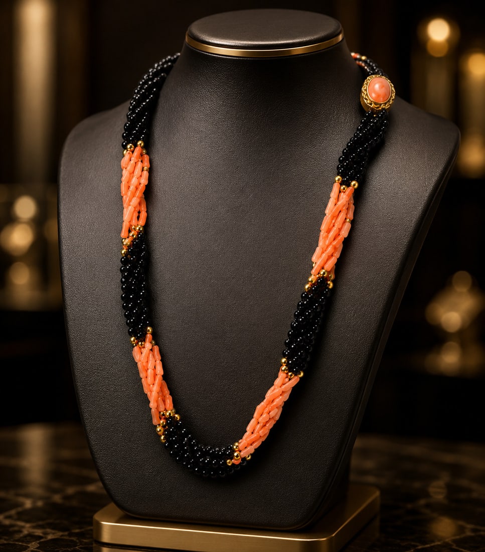 Vintage necklace made of angel skin coral and onyx. 67 g.: Natural coral and onyx. Measures 63 cm in length. Necklace with six intertwined strands and a clasp decorated with cabochon-cut coral; can also be worn as a two-strand choker.