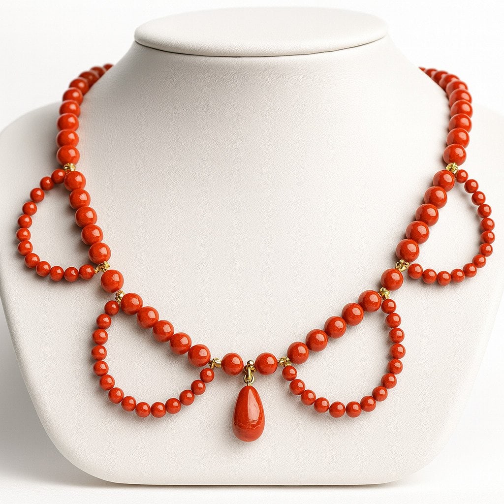 Vintage red coral necklace from Sardinia. 35 g.: Red coral and 925 gold-plated silver. Measures 51 cm in length. Necklace composed of spherical Italian coral beads, pendants and a central teardrop, with gold-plated silver clasps marked 925.
