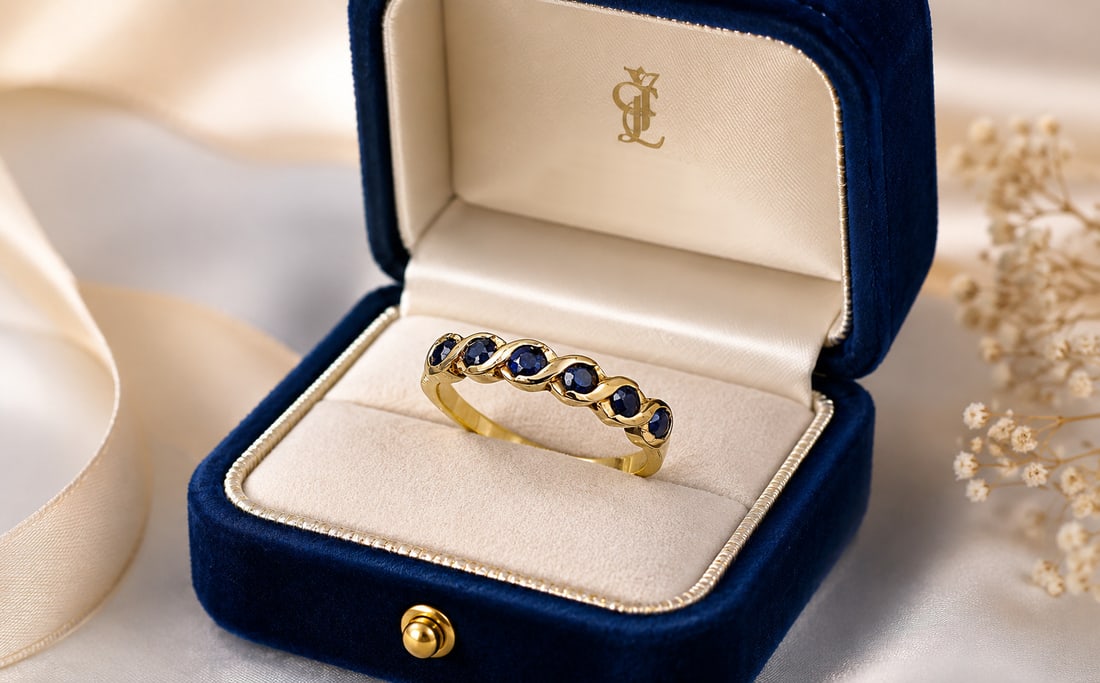 Gold half-eternity ring with six natural blue sapphires, weight 2.60 g.: Vintage ring made of 18k yellow gold, with six round-cut natural blue sapphires, totaling 0.48 carats, set in a 2.0 cm x 0.4 cm front. Tatum size: 14 (54). 17.2 mm Ø. Weight: 2.60 grams. Box not incl
