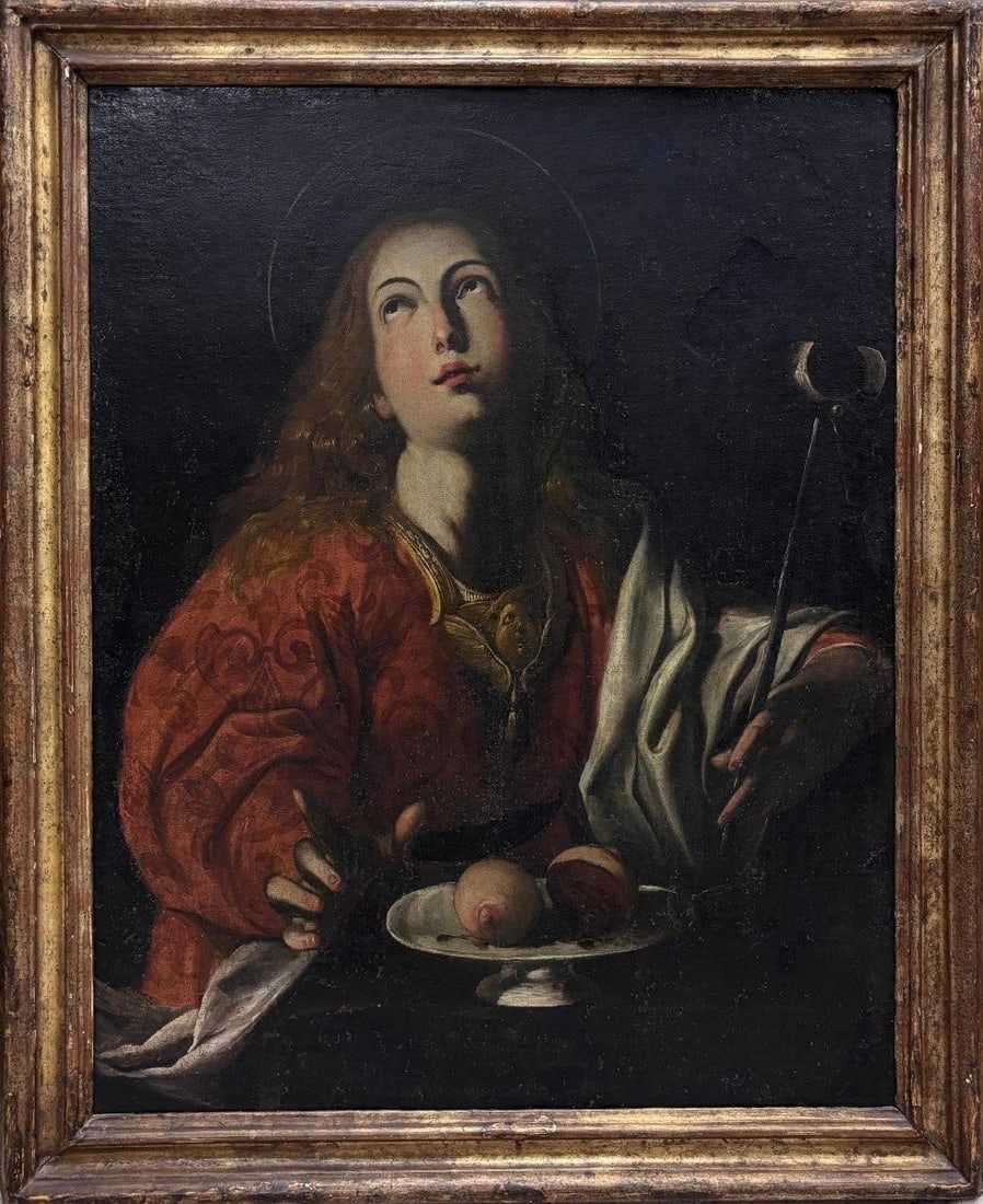 17th Century Neapolitan Master – Martyrdom of Saint Agatha: Oil on canvas. Dimensions: 100 × 80 cm. This important 17th-century Neapolitan painting depicts Saint Agatha, patron saint of Catania and one of the Church's most venerated martyrs, identifiable by h