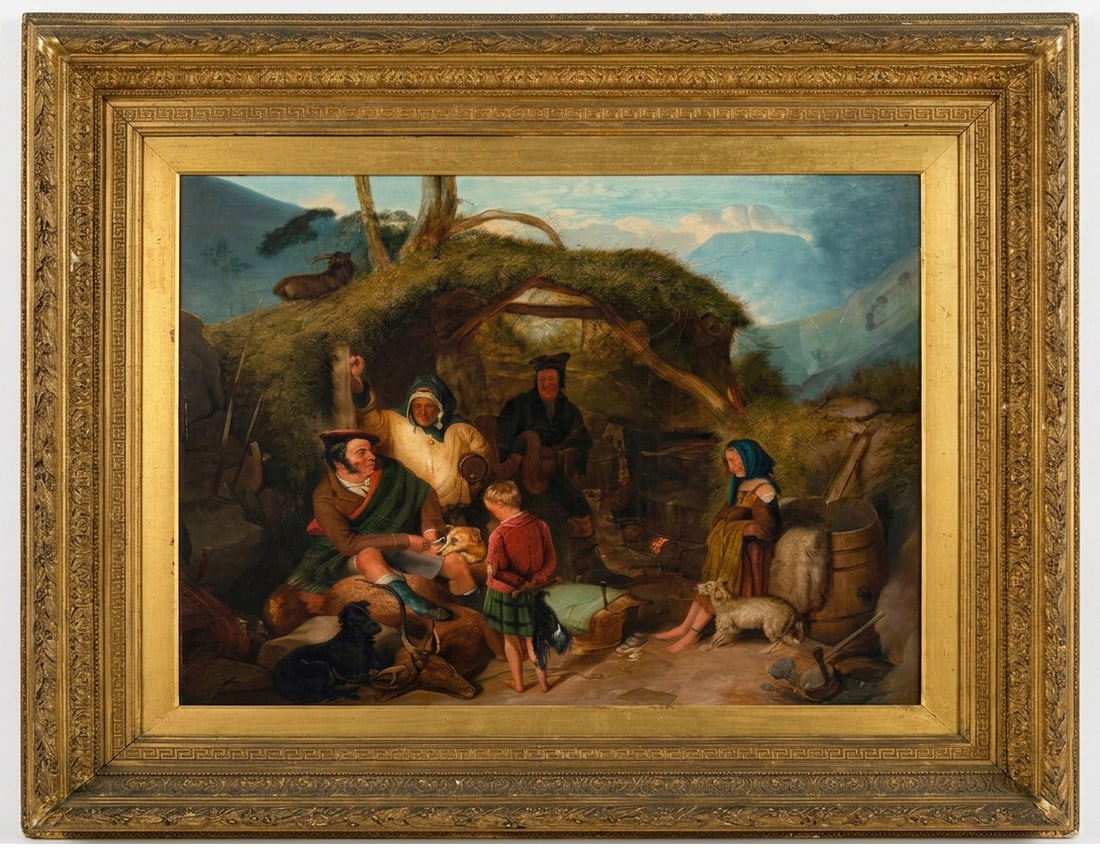 EDWIN HENRY LANDSEER (London, 1802 – 1873) – The Highland Whiskey Still: Oil on canvas. Dimensions: 63.5 × 76.2 cm. Signed in the lower right corner. A magnificent Scottish genre scene entitled *The Highland Whisky Still*, one of the best-known compositions by Edwin Henry