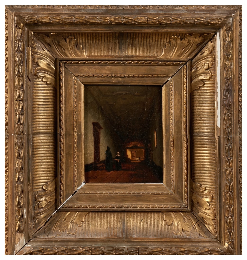 JOHANNES BOSBOOM (The Hague, 1817 – The Hague, 1891) – The cloister of the monastery of the: Oil on panel. Dimensions: 14.5 × 11.5 cm; dimensions with frame: 37.5 × 34.5 cm. Signed in the lower right corner. This delicate composition, painted in 1866 by Johannes Bosboom, depicts the interio