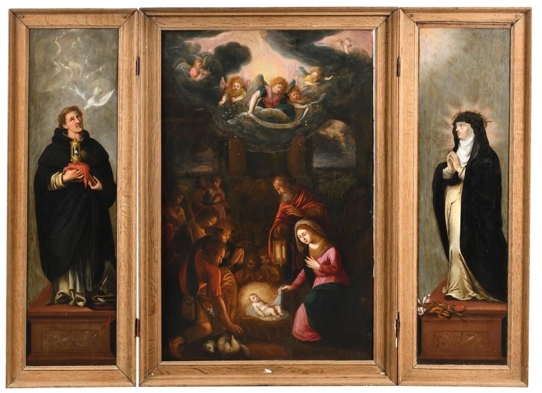 Triptych of the Adoration of the Shepherds with Saint Thomas Aquinas and Saint Teresa, Spanish: Oil on panel. Measurements: 145 x 96 cm overall. Devotional triptych arranged around a central panel devoted to the Adoration of the Shepherds, flanked by figures of Saint Thomas Aquinas and Saint Ter