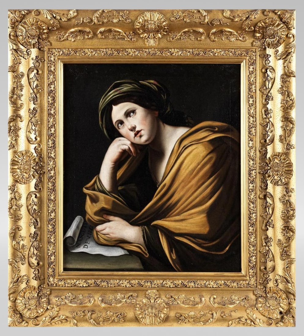 The Tiburtine Sibyl, attributed to Francesco Cozza, Roman School, 17th Century: Oil on canvas. Measurements: 76 x 65 cm. Female figure identified as the Tiburtine Sibyl, shown half-length and resting on her right arm while raising her gaze heavenward with a meditative and inspire