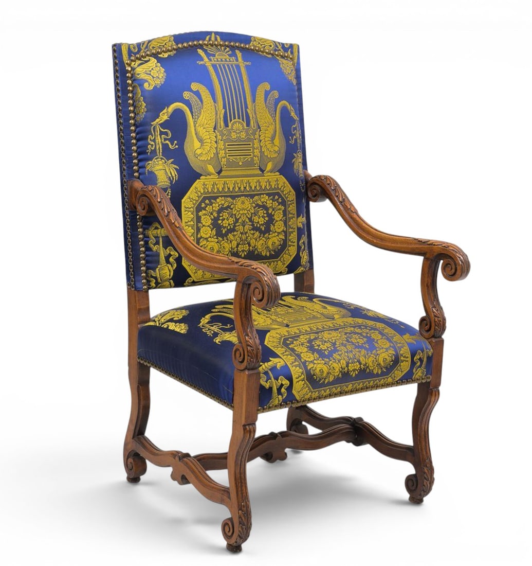 Magnificent Bureau Armchair Louis XIII in wood and silk - France. 19th Century: Carved walnut with upholstered silk. Measurements 114 × 61 × 72 cm. 