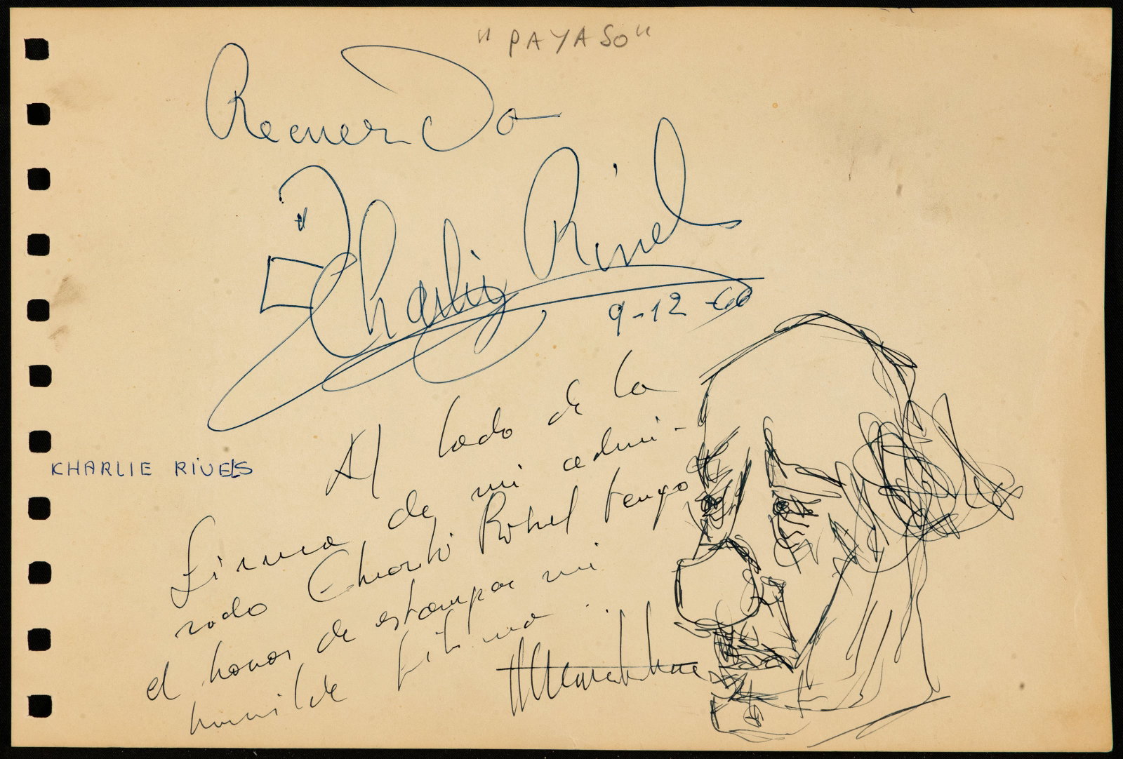 Autographed drawing dedicated by Charlie Rivel the Clown. 20th Century (1 of 4)