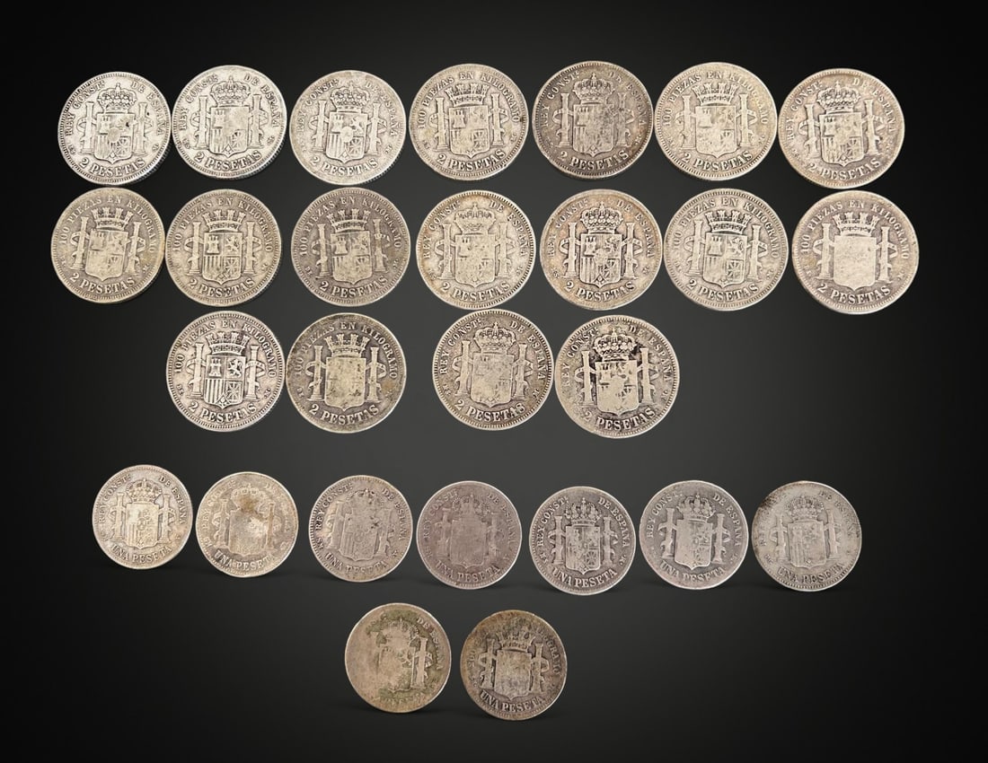 Lot of 27 silver coins, 18 of 2 pesetas and 9 of 1 peseta (1 of 2)