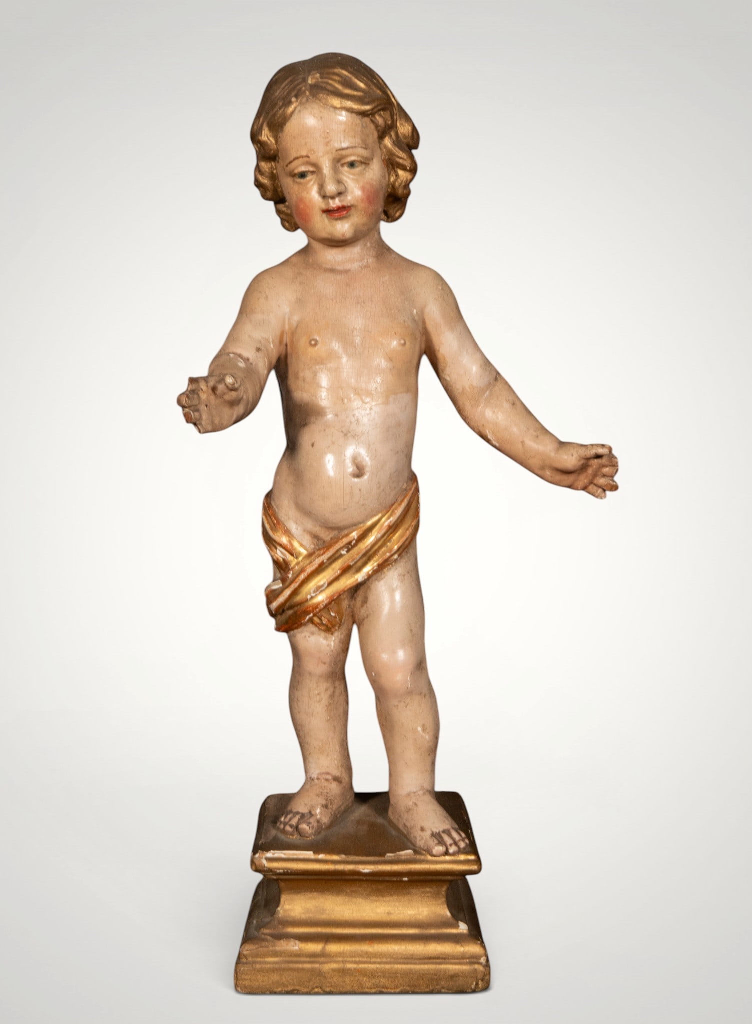 Beautiful Italian Baby Jesus - 17th Century Roman School: Carved and polychromed wood. Measures: 42 cm. Minor damage requiring restoration.