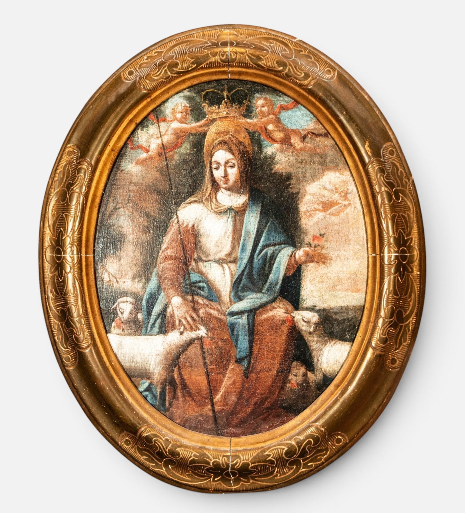 Divina Pastora, Colonial School, 18th Century: Oil on canvas. Measurements: 50 x 65 cm.