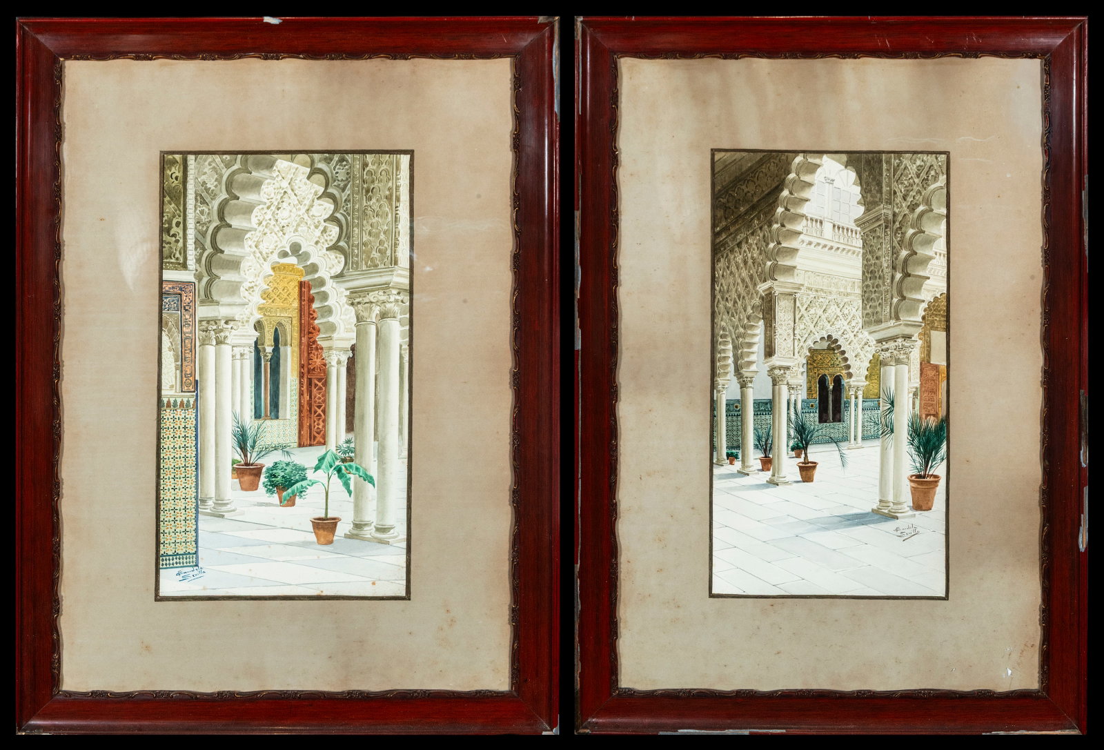 FRANCISCO CANDELA Pair of watercolors of an Andalusian patio, signed, Orientalist School, 20th (1 of 9)