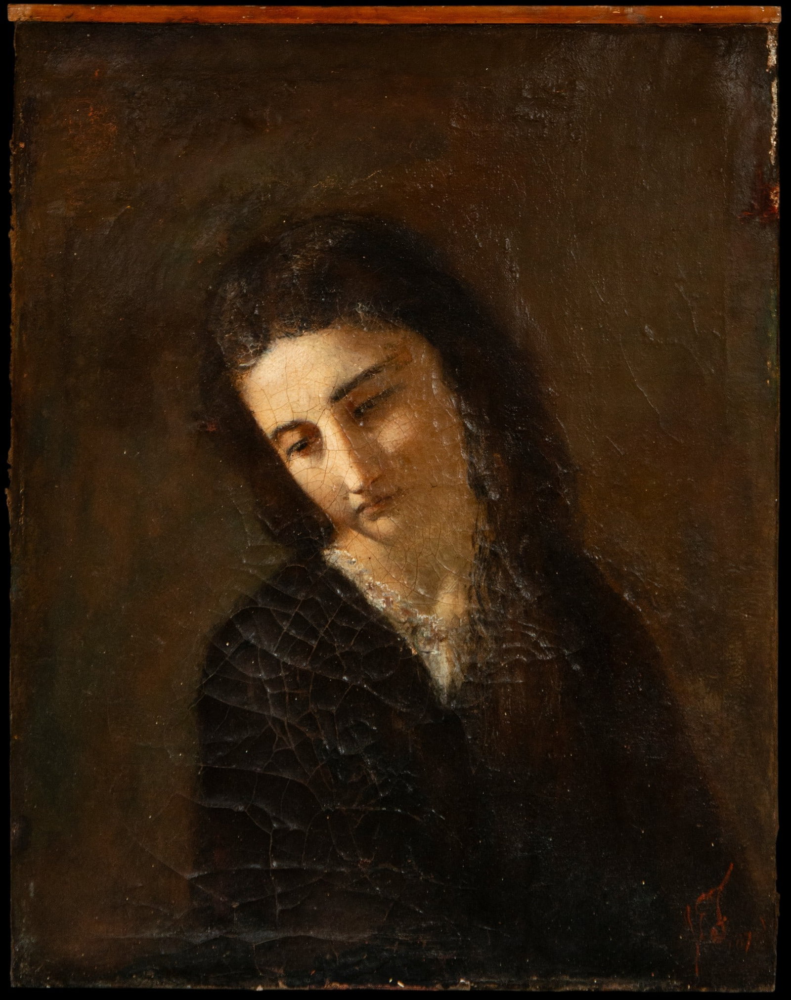 Female portrait. Signed. American painter. 19th century: Oil on canvas. Dimensions 64 × 50 cm. Half-length portrait of a young woman with downcast eyes and a serene expression, set against a neutral background that draws attention to the delicacy of her fa
