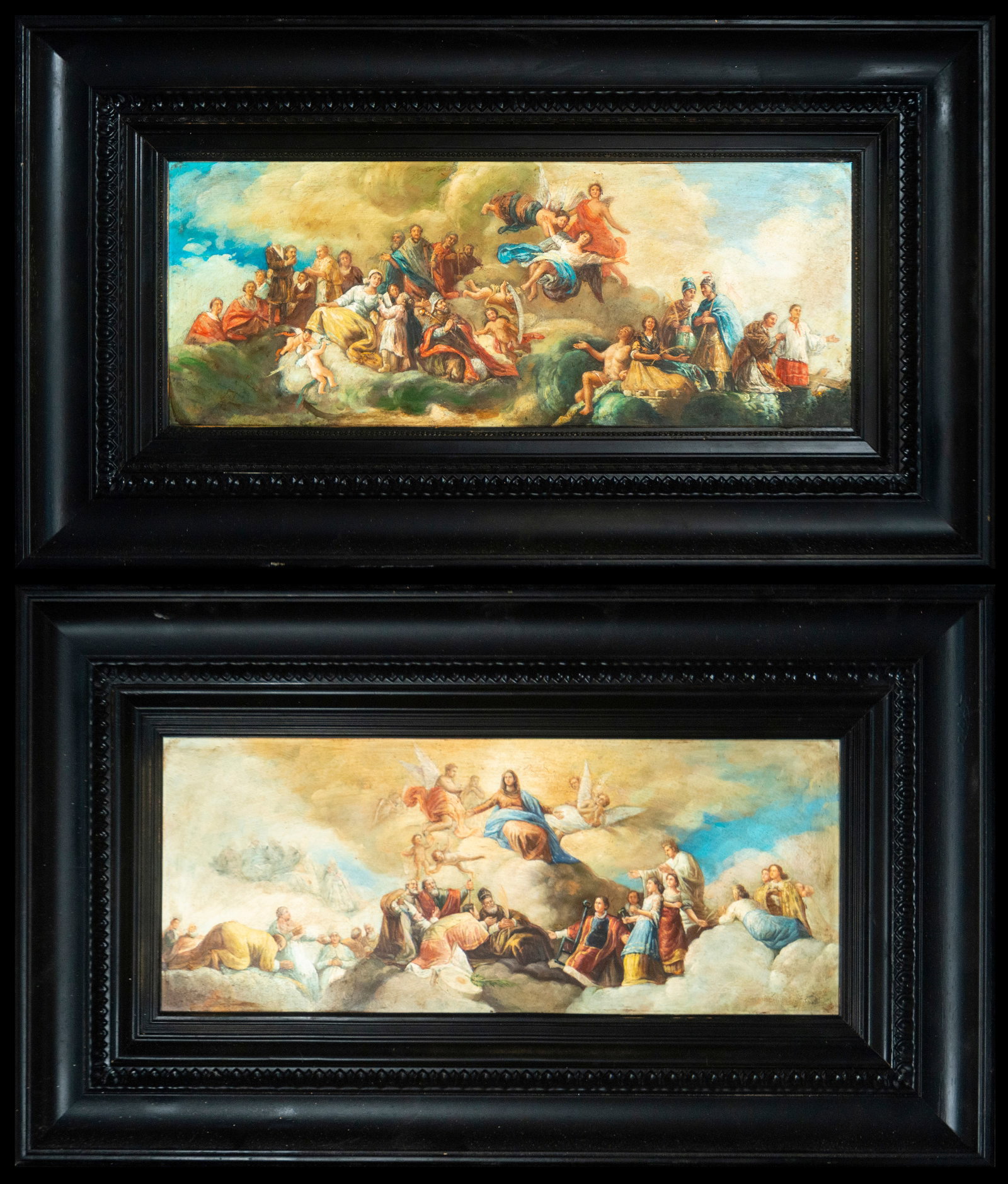 Pair of allegorical scenes. Aragonese circle of the Bayeu family. Spanish school. 18th century: Oil on copper. Dimensions 69 × 32 cm. A pair of allegorical compositions with numerous figures and characters distributed amidst bursts of glory and clouds, rendered with a luminous and dynamic palet