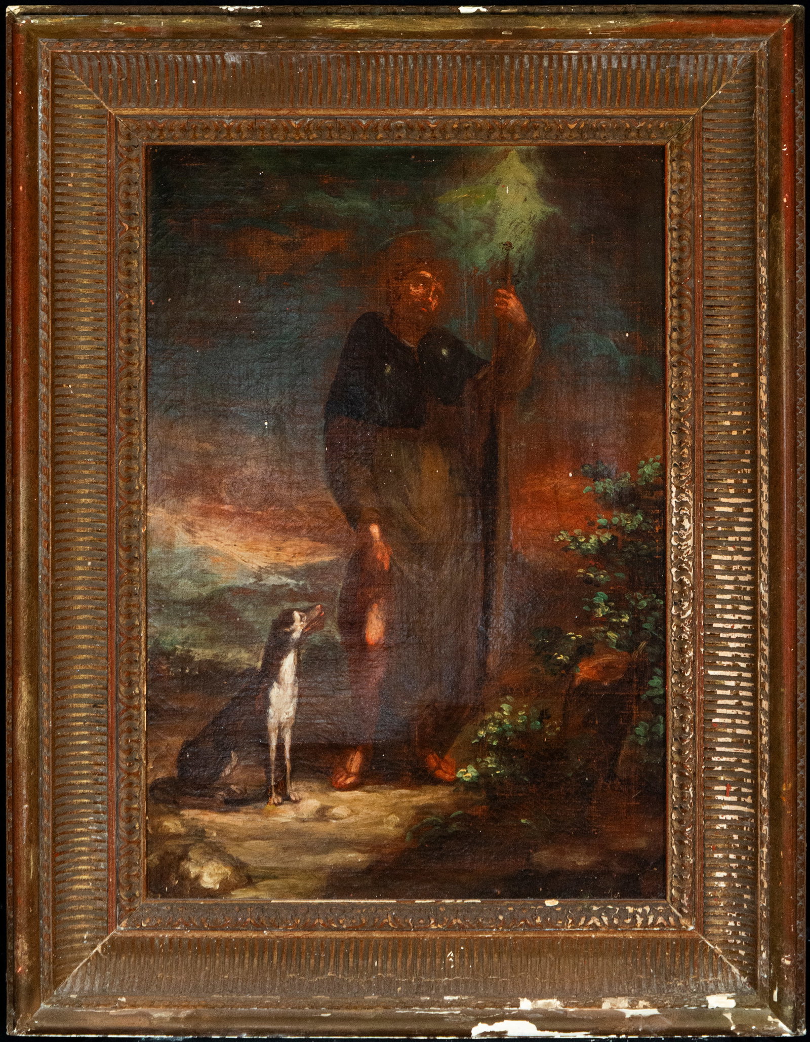 Saint Roch with the dog. Italian or Flemish master. 18th century: Oil on canvas. Dimensions 55 × 38 cm. Saint Roch is depicted standing, leaning on his staff, next to the dog that assists him, against a twilight landscape. The composition emphasizes the devotional 