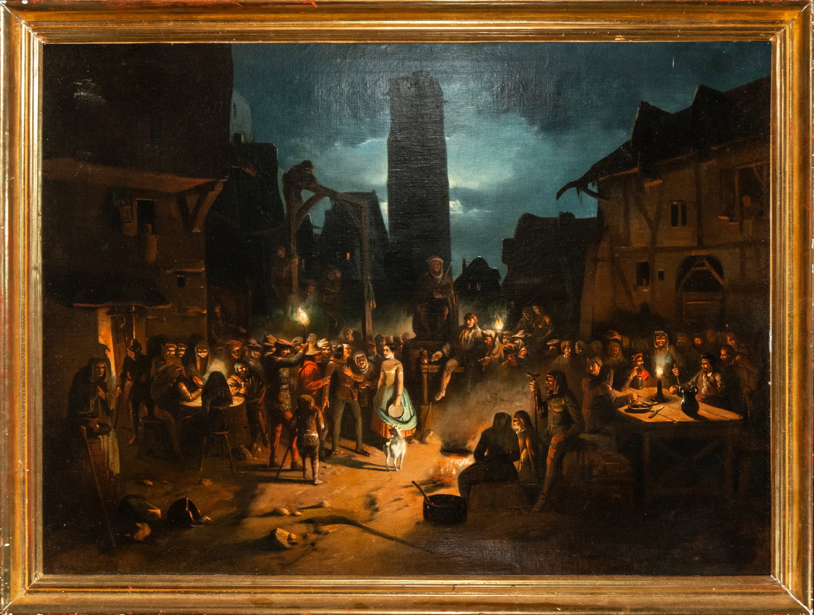 Night scene of a village with figures. Style of Lucas Villamil - 19th century (1 of 7)