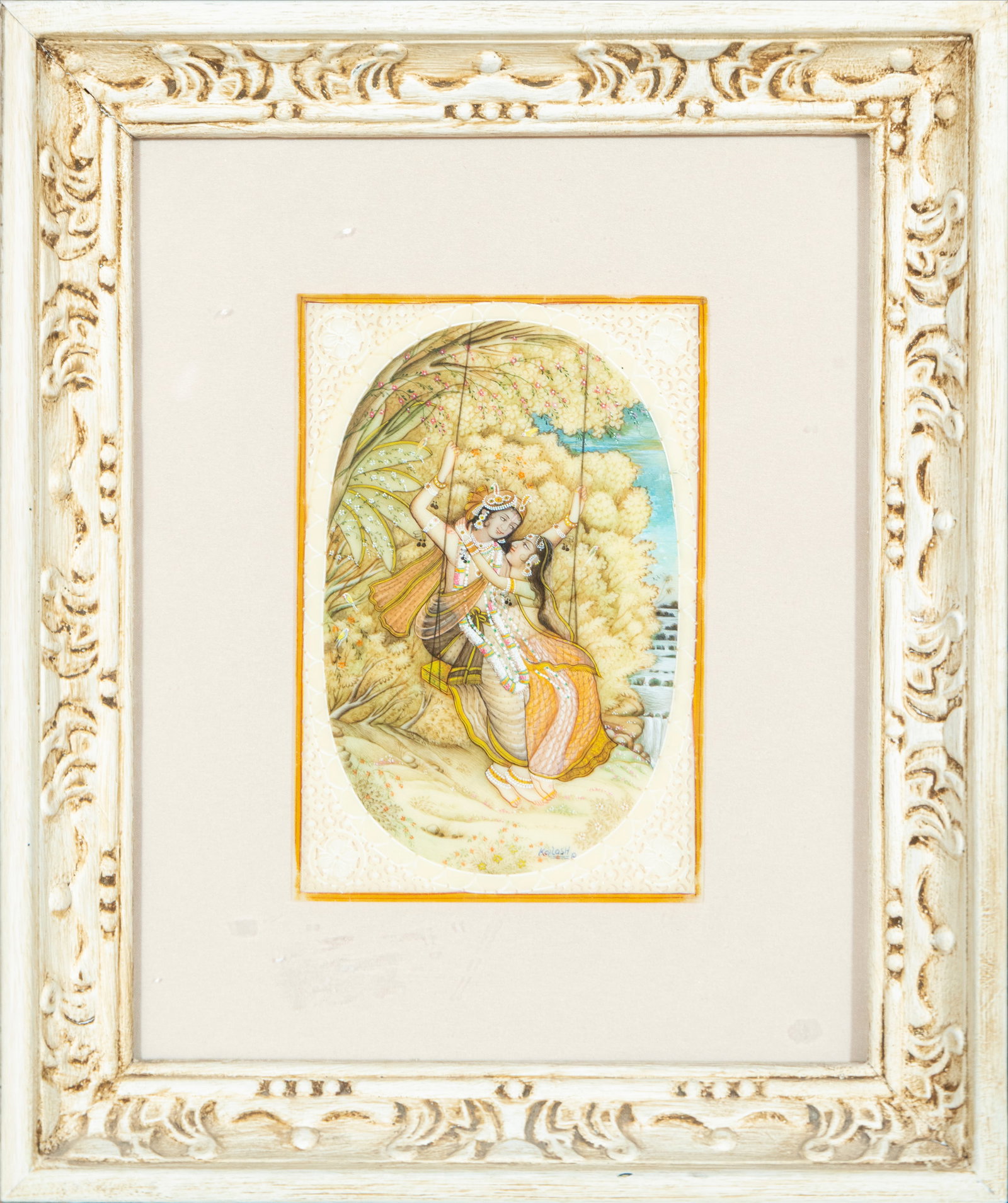 Romantic scene. Indian school. 20th century: Polychrome plaque. Measures 15 x 10 cm. Delicate romantic scene with a couple on a swing in a garden, surrounded by lush vegetation and rendered with meticulous detail and vibrant colors. The composit