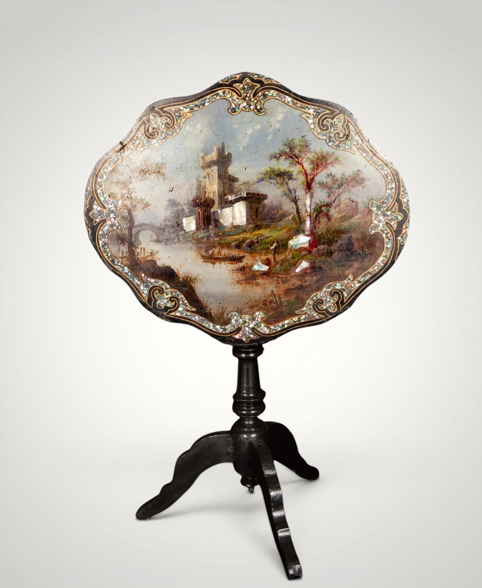 Victorian side table with landscape and mother-of-pearl marquetry. 19th century (1 of 4)