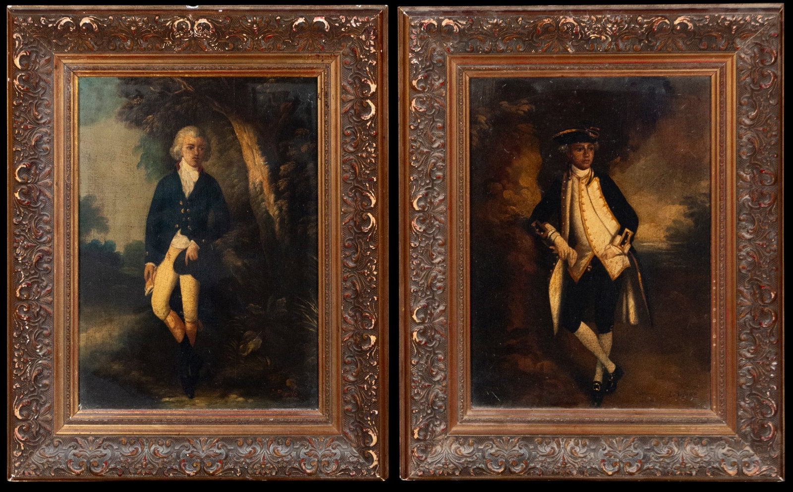 Pair of portraits of Admirals, European School, 19th Century: Oil on panel. Signed Juan Padilla. Portrait of a young gentleman standing in 18th-century attire against a landscape background. The work combines compositional elegance and refined treatment of the c