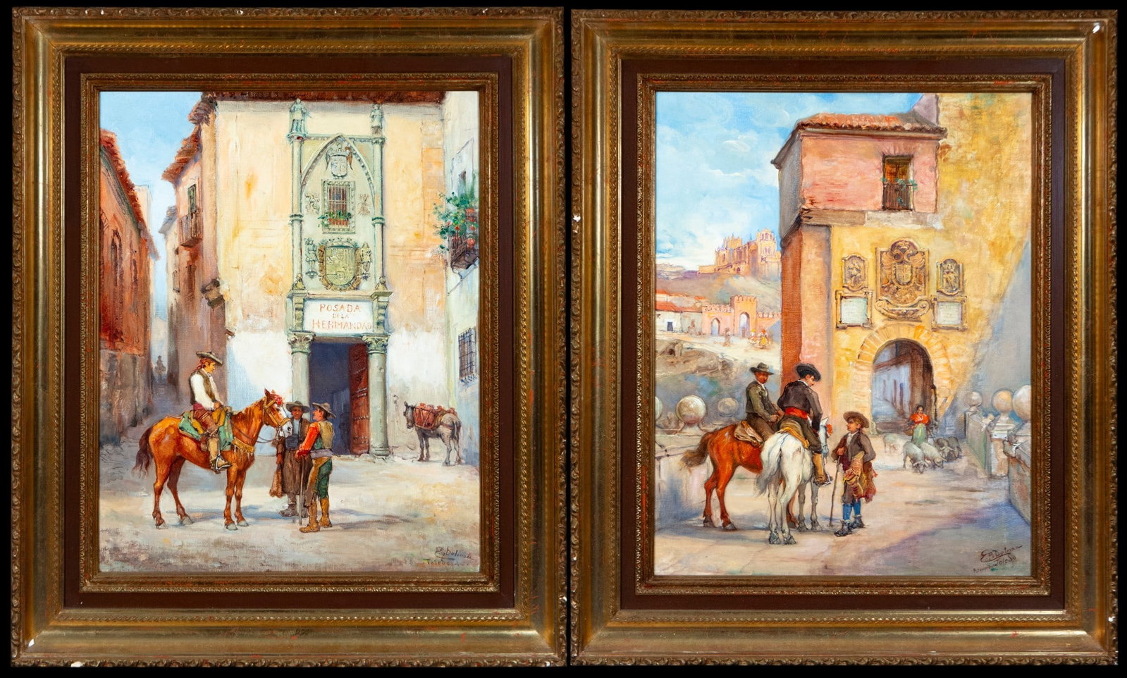 Pair of Views of Toledo - Spanish School, 20th Century: Oil on canvas. Pair of cityscapes of Toledo featuring monumental architecture and genre scenes with horsemen and passersby. Loose, luminous brushstrokes with Impressionist inspiration. Dimensions with