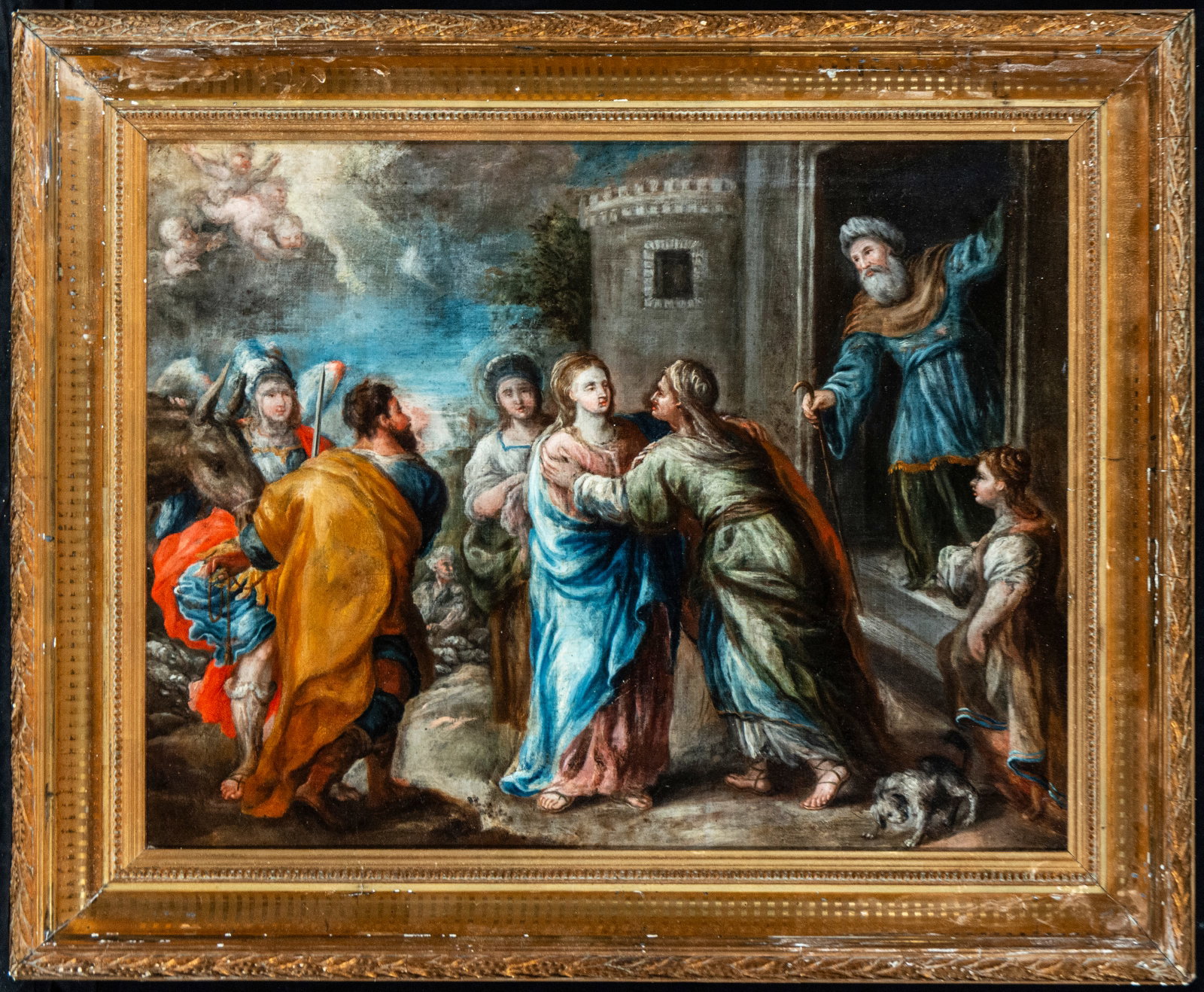 The Meeting of Saint Anne and Saint Joachim, Signed, Spanish School, 19th Century: Oil on canvas. Religious scene depicting the moving encounter between Saint Anne and Saint Joachim at the Golden Gate, accompanied by various figures and an elaborate architectural background. Dimensi
